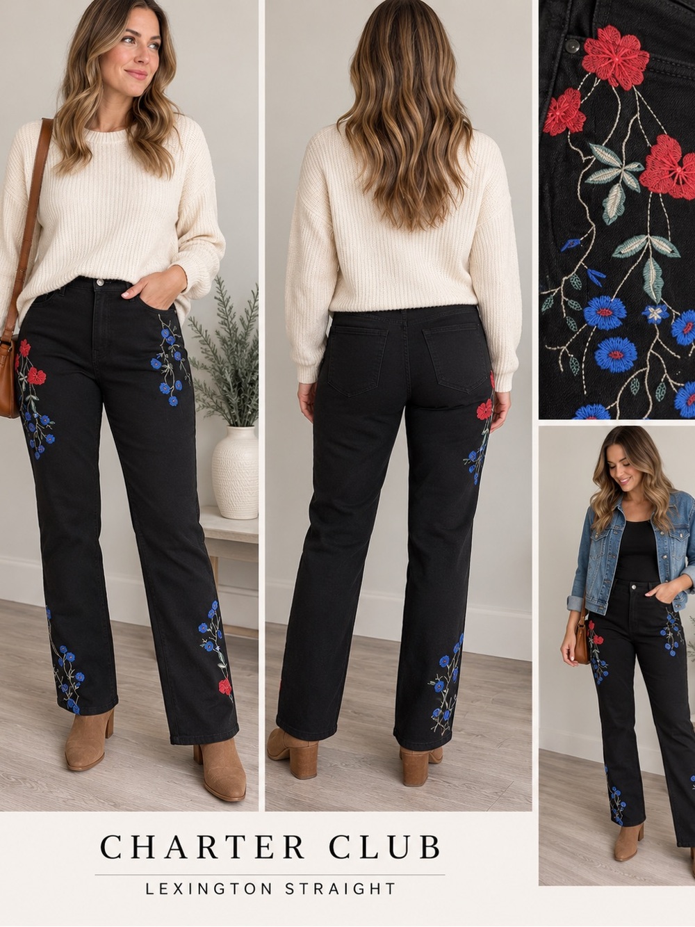 Charter Club Black Straight-Leg Jeans with Red & Blue Floral Embroidery size 14
